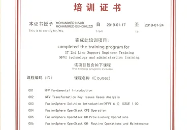 Certificate: NFVI Technology and Administration Training